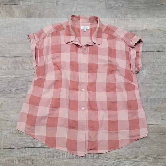 Lucky Brand Plus Size 1X Short Sleeve Flannel Top Gingham Plaid Boho Indie Shirt - Picture 1 of 6